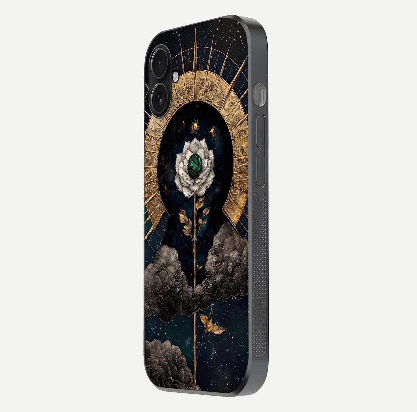 Celestial Lotus Morang Glass Case for iPhone 16 Plus side-angle image capturing shine and smooth curvature