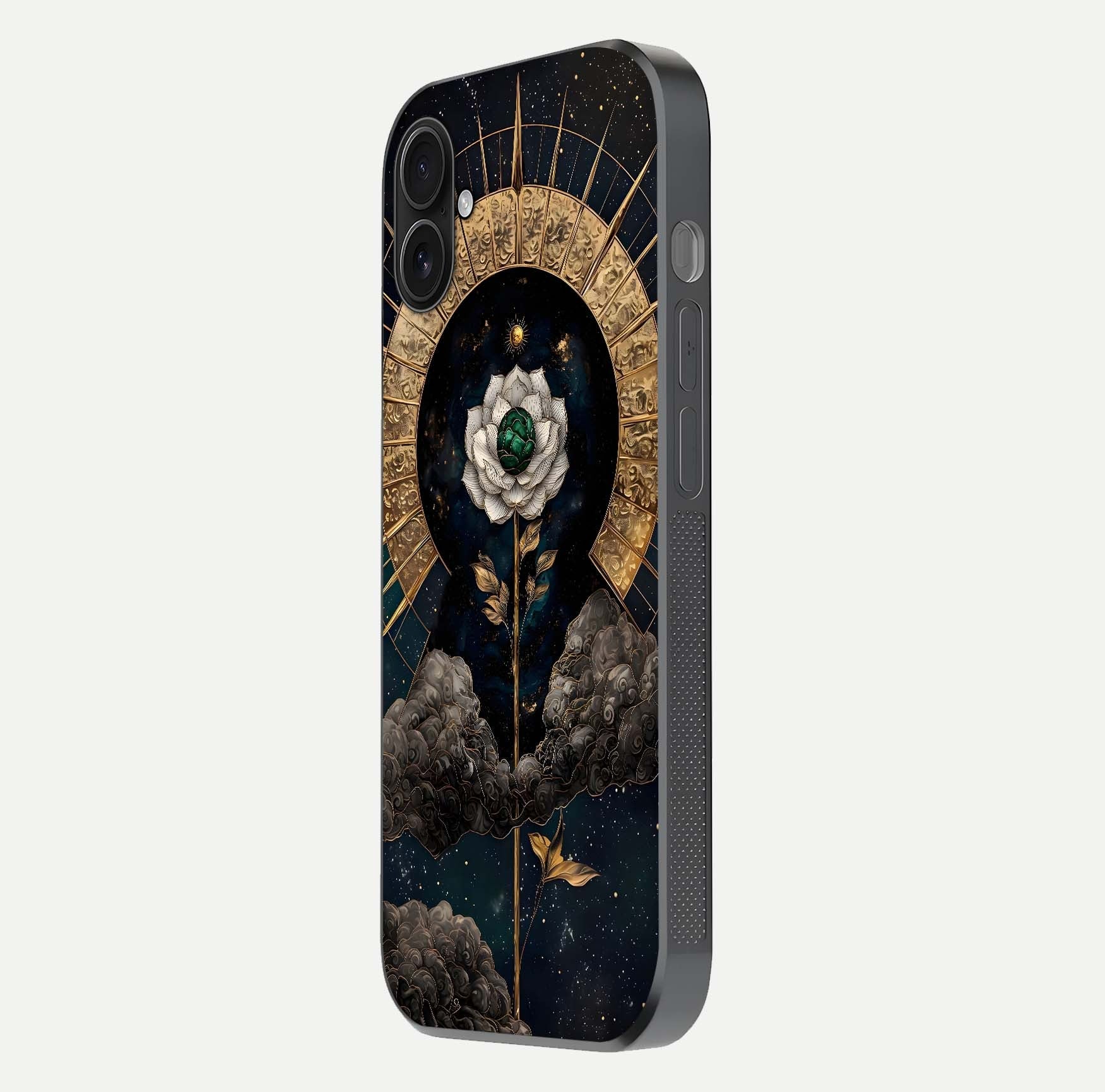 Celestial Lotus Morang Glass Case for iPhone 16 Plus side-angle image capturing shine and smooth curvature