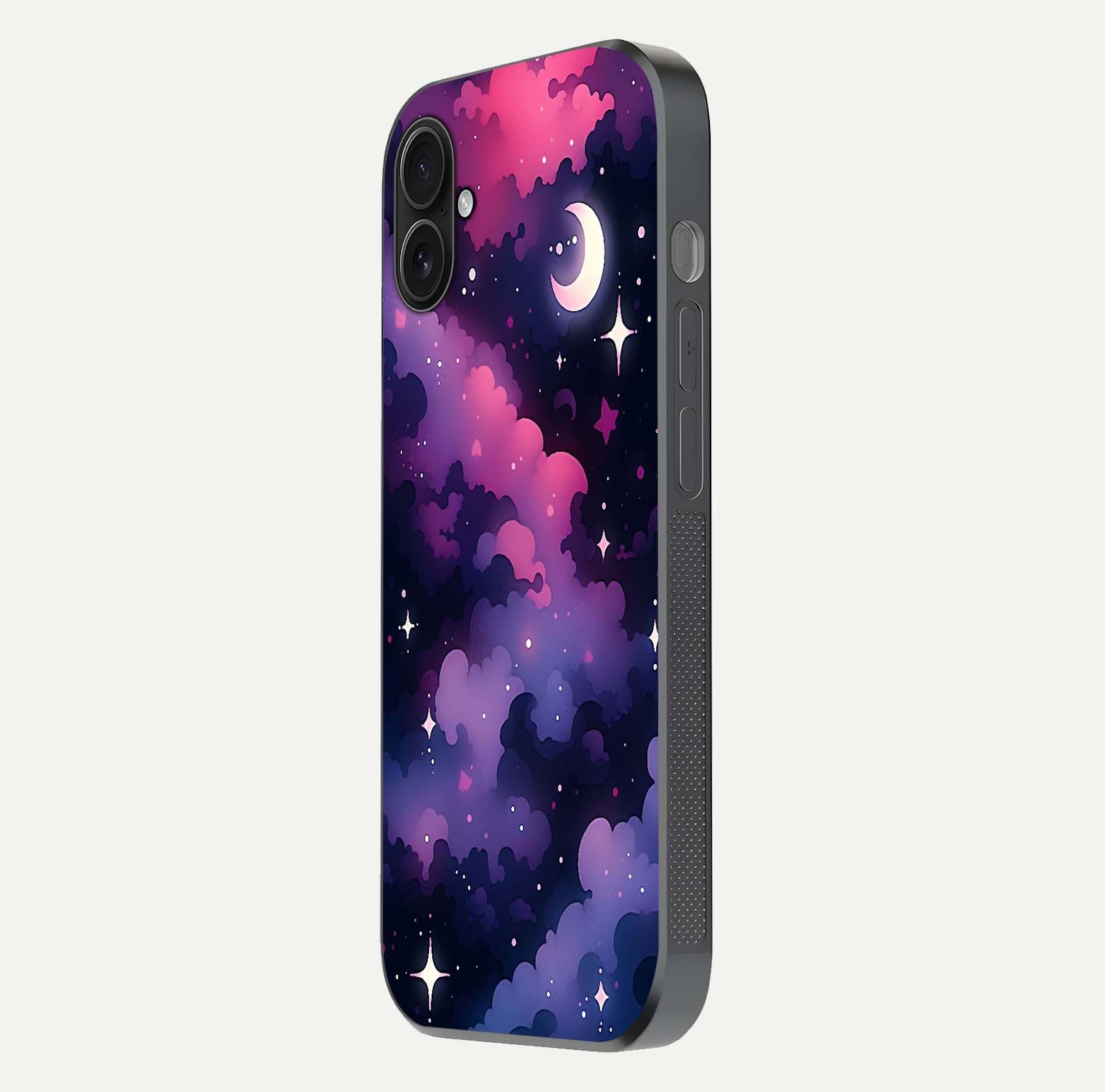 Celestial Moon Magic Glass Case for iPhone 16 Plus side-angle shot capturing soft reflection and curved gloss