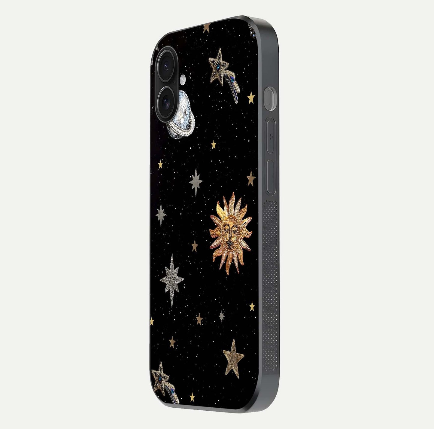 Celestial Moon With Stars Glass Case for iPhone 16 Plus side-angle view showing curved edges and shimmer glow