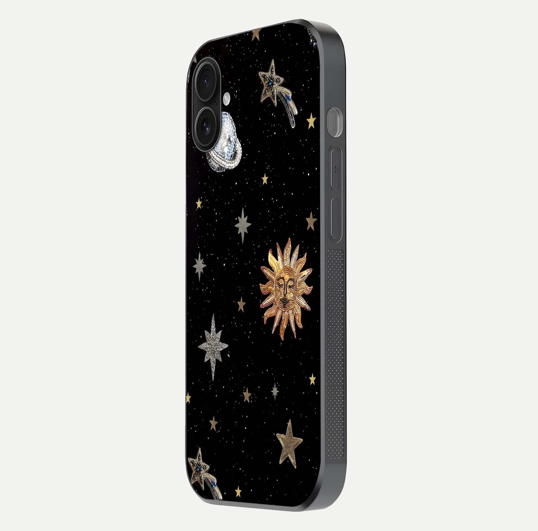 Celestial Moon With Stars Glass Case for iPhone 16 Plus side-angle view showing curved edges and shimmer glow