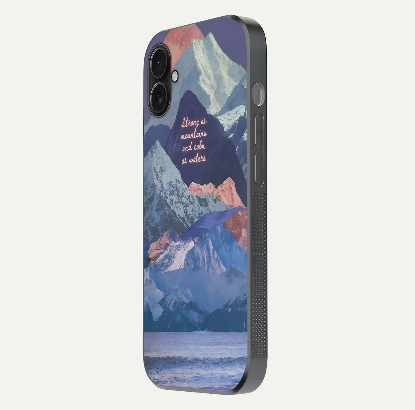 Celestial Mountain Calm Glass Case for iPhone 16 Plus side-angle image capturing mountain detail and shine gradient