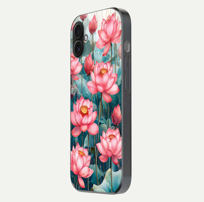 Celestial Pink Lotus Glass Case for iPhone 16 Plus side-angle image showing reflective shine and petal curve