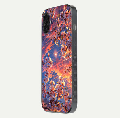 Celestial Sakura Sunset Glass Case for iPhone 16 Plus side-angle image showing edge glow and petal texture