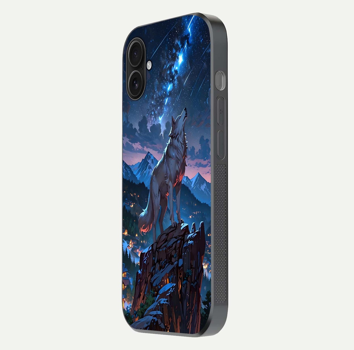 Celestial Wolf Howl Glass Case for iPhone 16 Plus side-angle image showing curve polish and moon glow