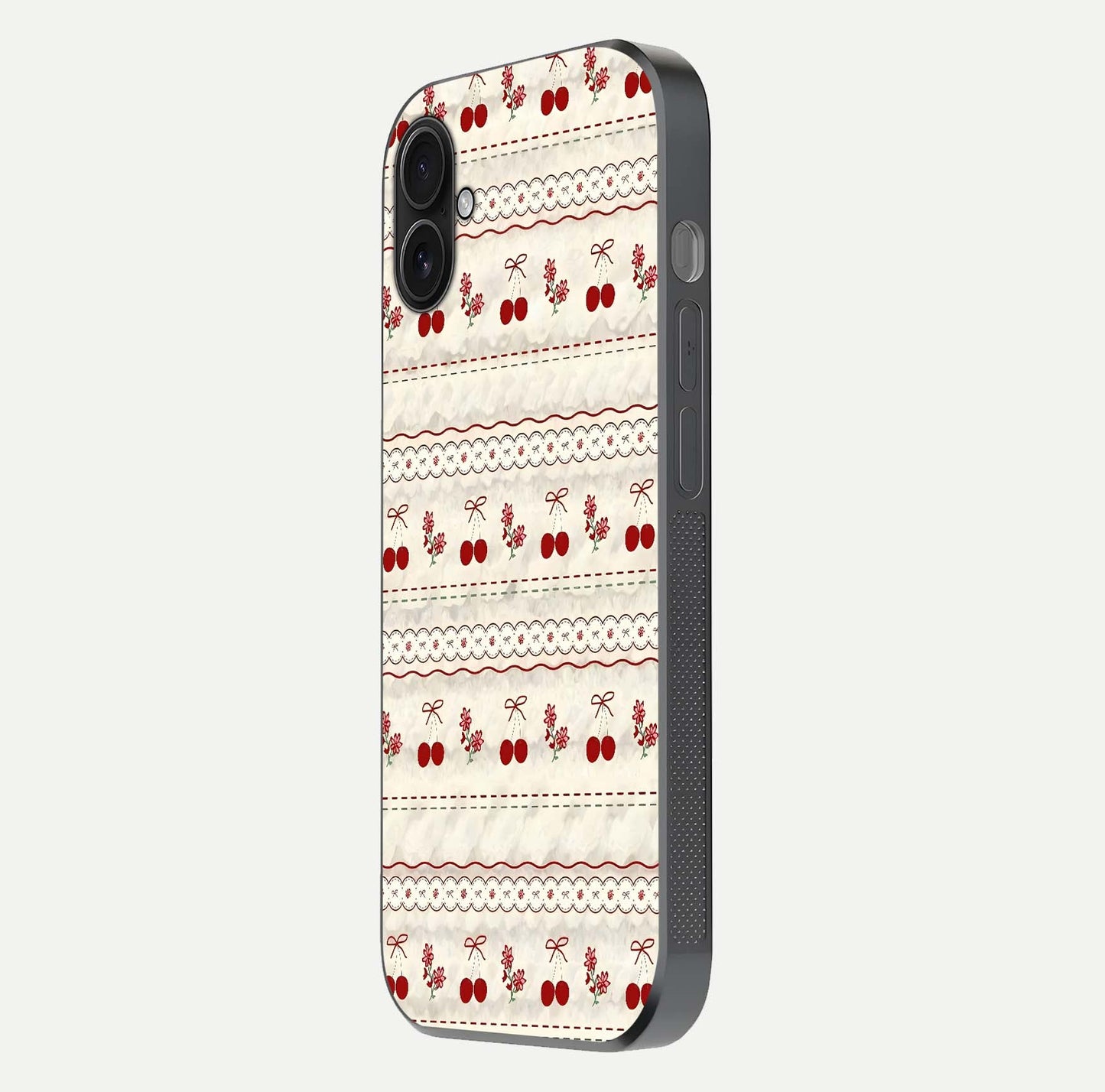 Cherry Bloom Charm Glass Case for iPhone 16 Plus side-angle photo showing flower detail and edge light