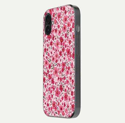 Cherry Blossom Charm Glass Case for iPhone 16 Plus side-angle image showing reflection gloss and soft texture