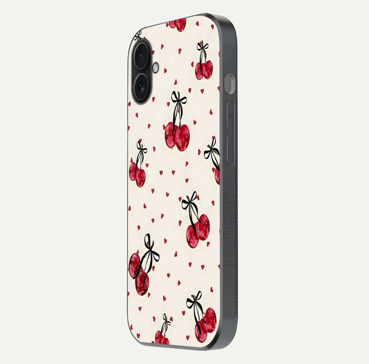 Cherry Heart Bow Glass Case for iPhone 16 Plus side-angle image capturing gloss texture and charm bow art