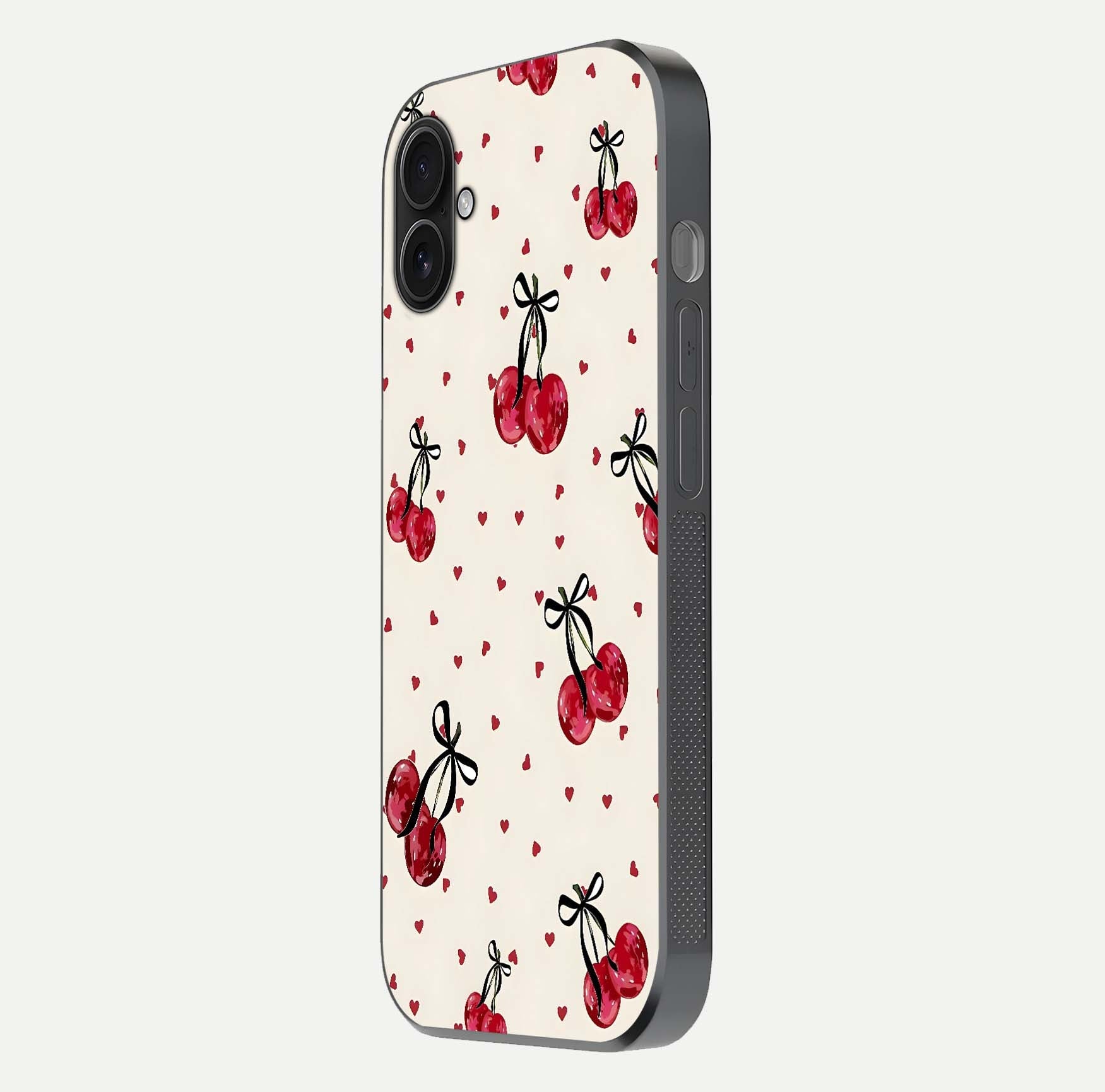 Cherry Heart Bow Glass Case for iPhone 16 Plus side-angle image capturing gloss texture and charm bow art