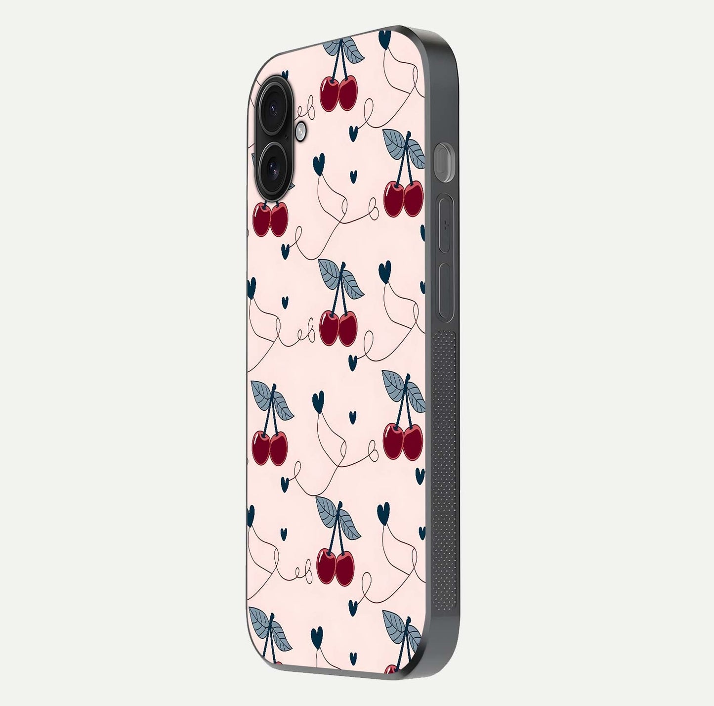Cherry Heart Line Glass Case for iPhone 16 Plus side-angle view capturing smooth curves and shine effect