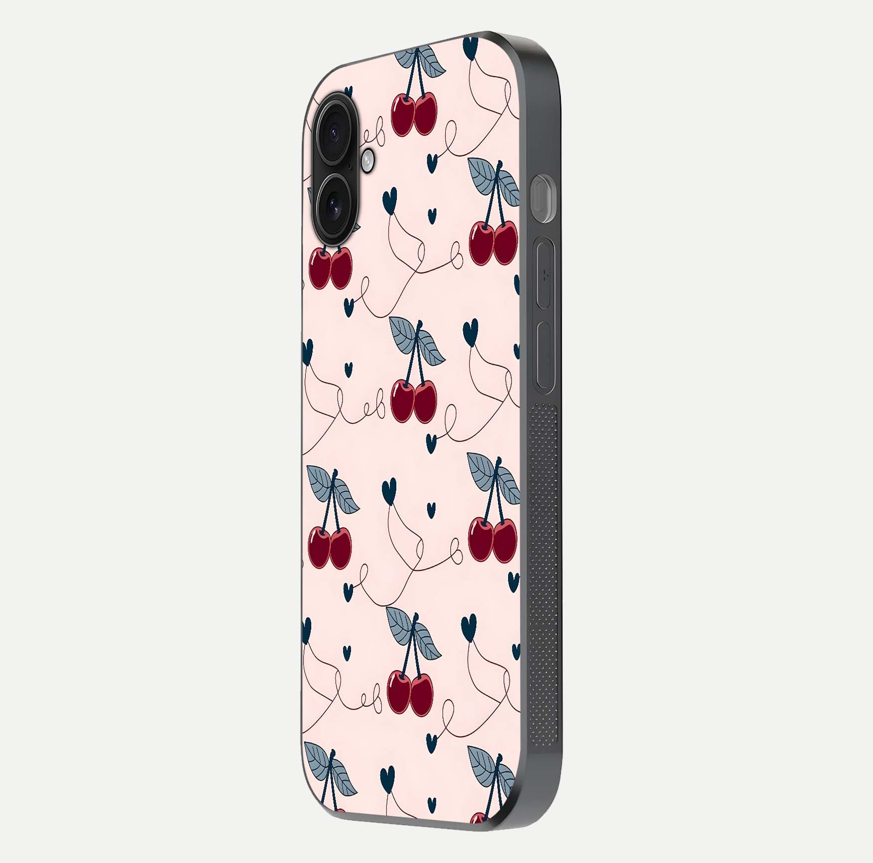 Cherry Heart Line Glass Case for iPhone 16 Plus side-angle view capturing smooth curves and shine effect