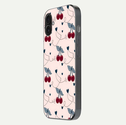Cherry Heart Line Glass Case for iPhone 16 Plus side-angle view capturing smooth curves and shine effect