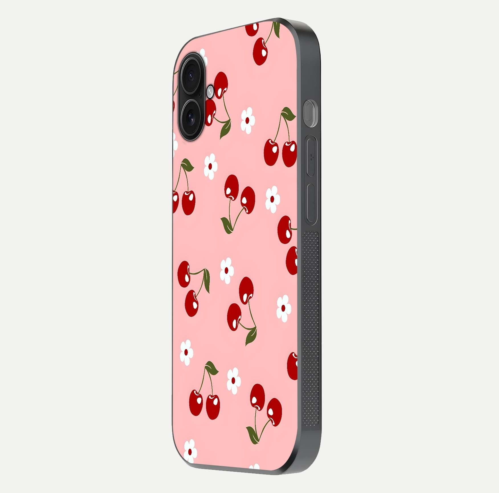 Cherry Love Mood Glass Case for iPhone 16 Plus side-angle image capturing smooth gloss and delicate details