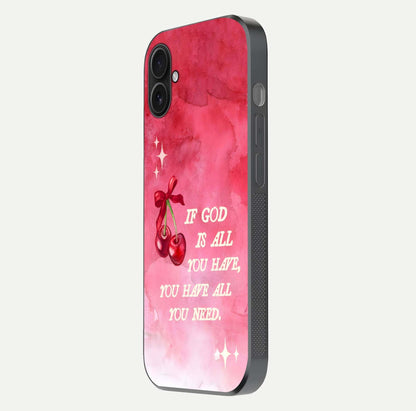 Cherry Quote Glass Case for iPhone 16 Plus side-angle image showing curve glow and glass detail