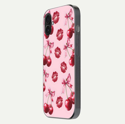 Cherry With Lips Glass Case for iPhone 16 Plus side-angle image showing gloss reflection and fine details