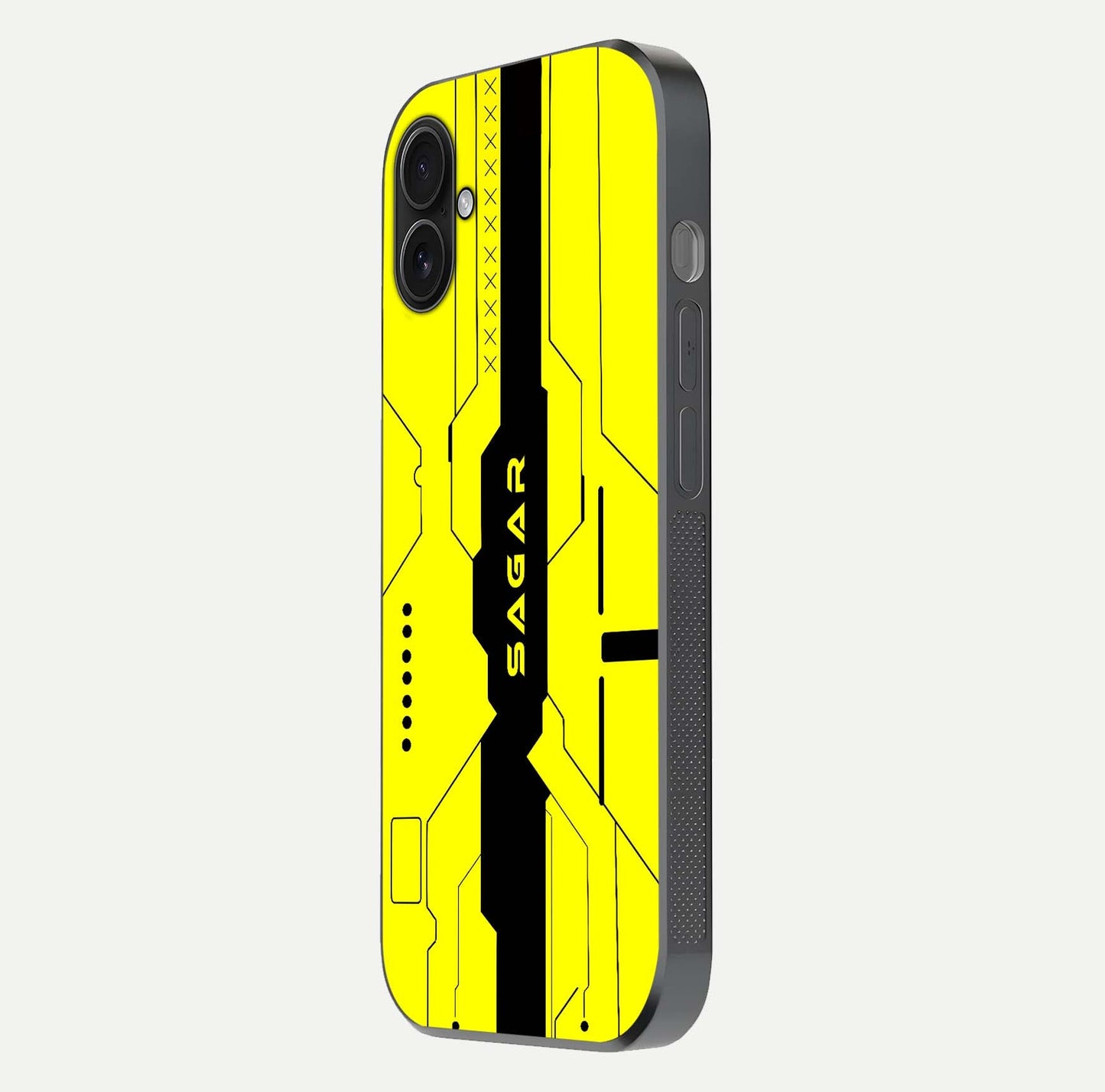 Circuit CYBERPUNK Custom Name Glass Case for iPhone 16 Plus side-angle image showing reflective finish and design precision