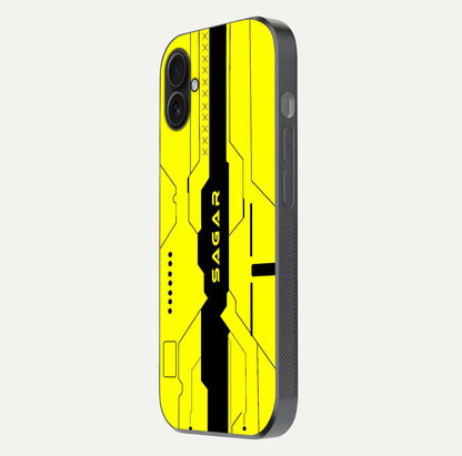 Circuit CYBERPUNK Custom Name Glass Case for iPhone 16 Plus side-angle image showing reflective finish and design precision
