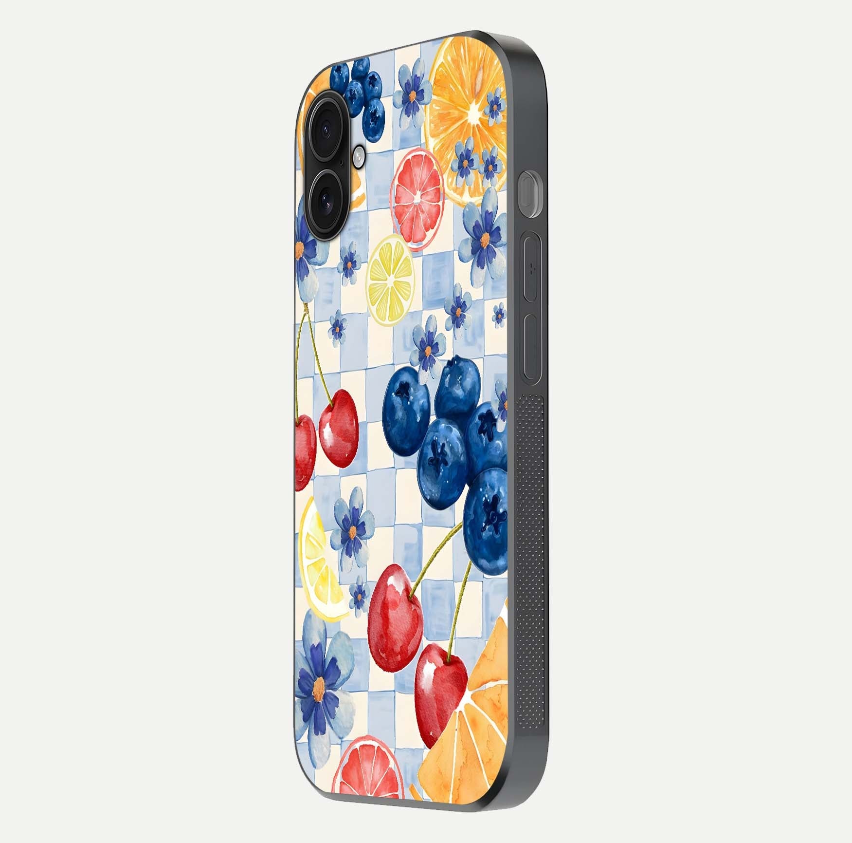 Citrus Bloom Joy Glass Case for iPhone 16 Plus side-angle photo capturing bright color and glass reflection
