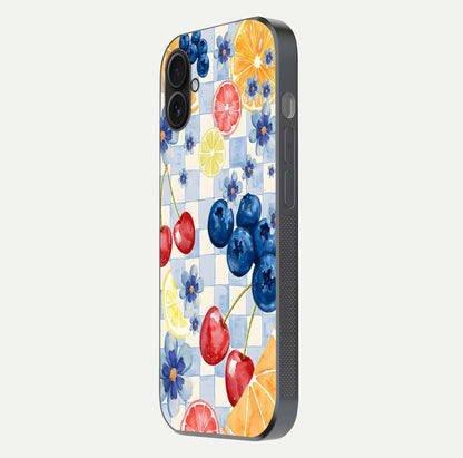 Citrus Bloom Joy Glass Case for iPhone 16 Plus side-angle photo capturing bright color and glass reflection