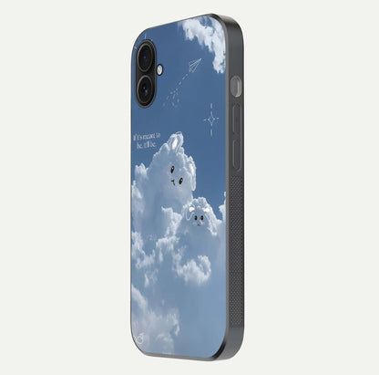 Cloud Bunny Dreams Glass Case for iPhone 16 Plus side-angle image capturing gloss texture and edge glow