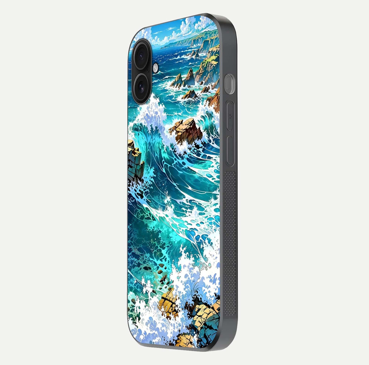 Coastal Blue Waves Glass Case for iPhone 16 Plus side-angle photo showing gloss texture and color depth