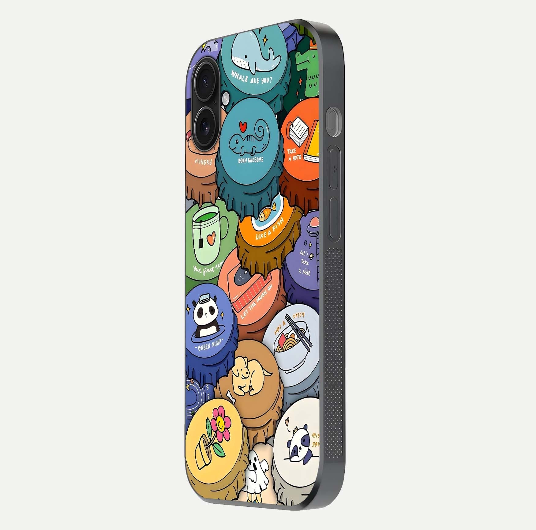 Coins Patterns Glass Case for iPhone 16 Plus side-angle photo capturing shine finish and curve glow