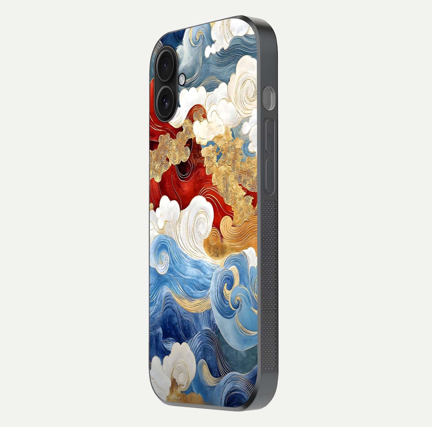 Colored Waves Glass Case for iPhone 16 Plus side-angle image showing light reflection, edge design, and shine