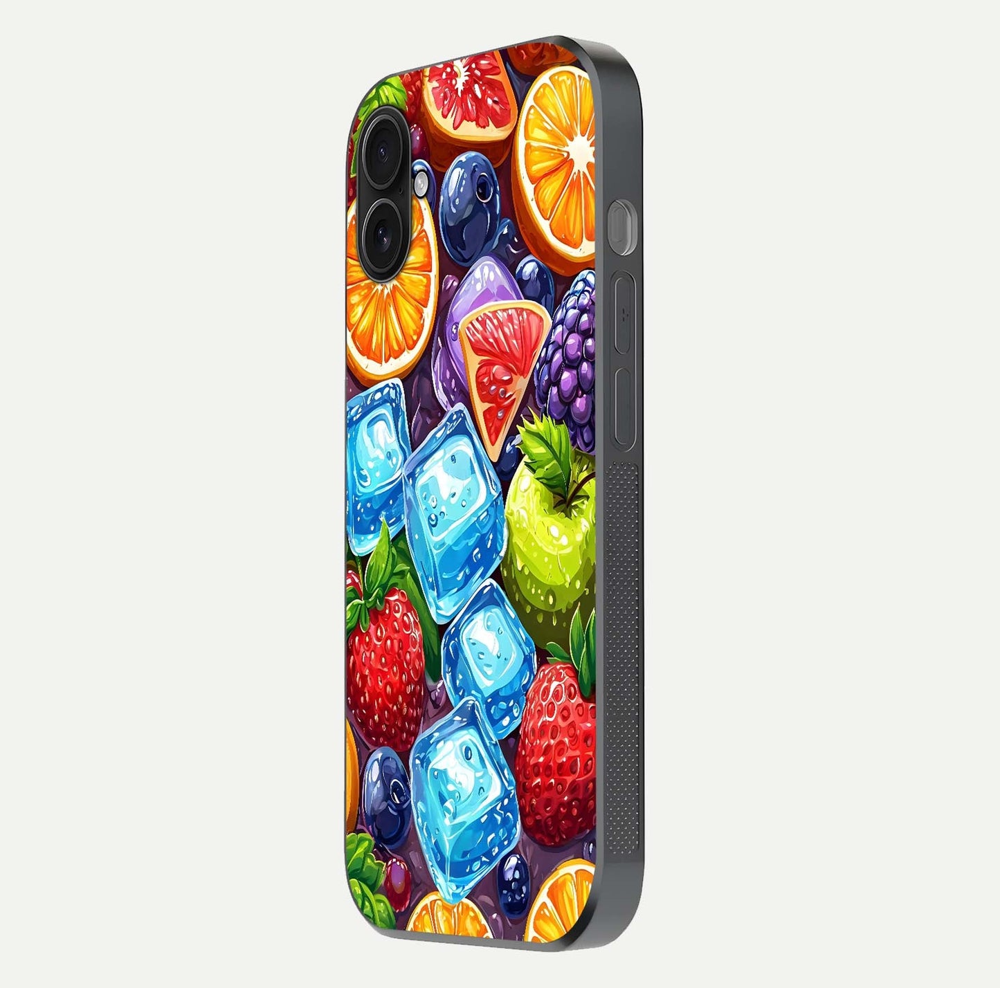 Colorful Fruits with Ice Glass Case for iPhone 16 Plus side-angle photo showing curve gloss and vivid tones