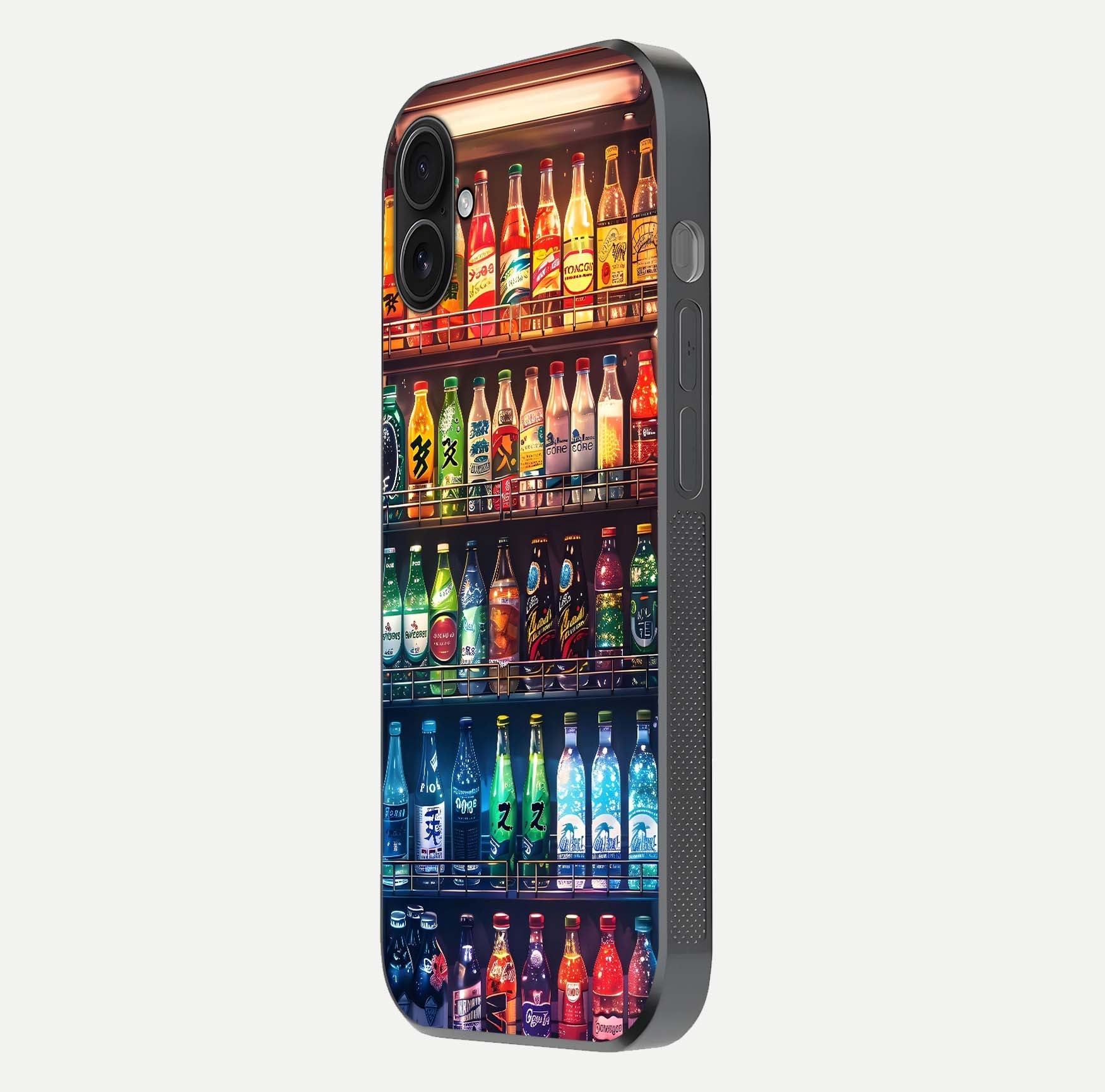 Colorful Soda Bottles Glass Case for iPhone 16 Plus side-angle photo showing polish shine and texture depth