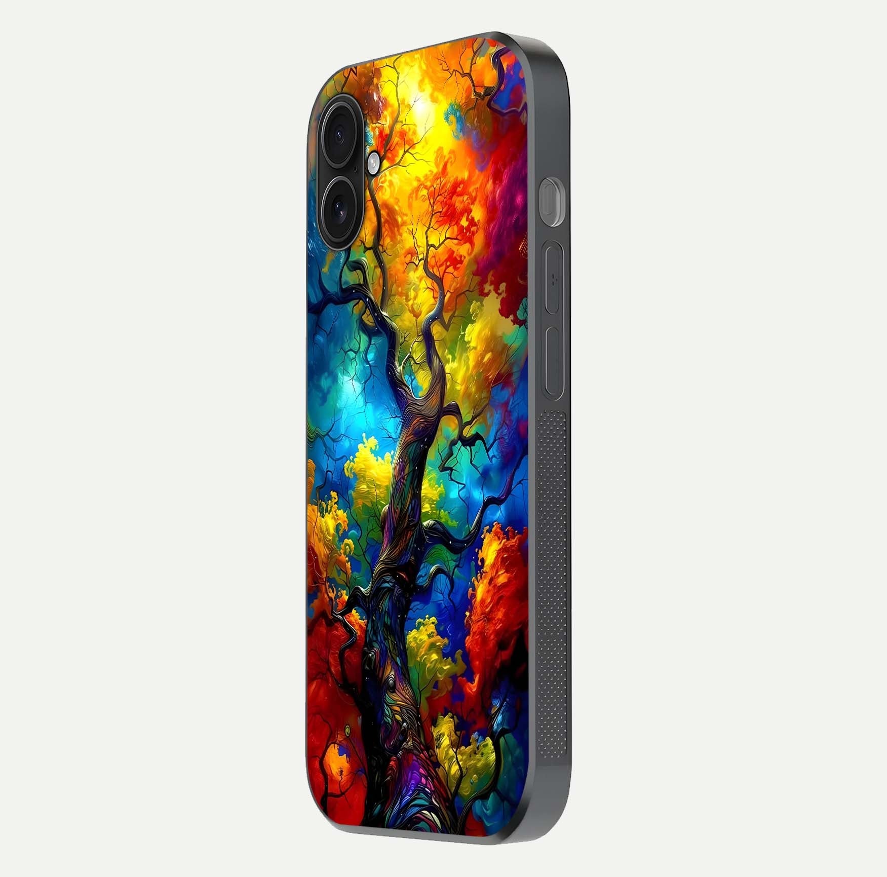 Colorful Tree Glass Case for iPhone 16 Plus side-angle image showing curve reflection and fine print texture