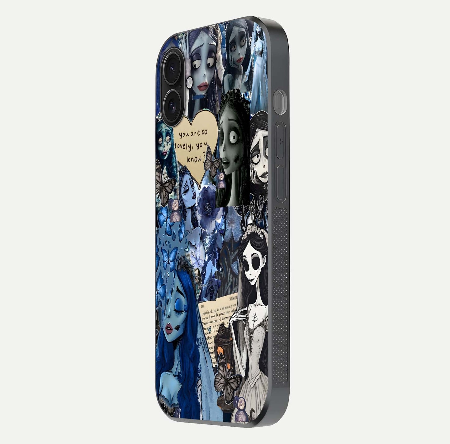 Corpse Bride Posters Glass Case for iPhone 16 Plus side-angle image capturing gloss reflection and smooth edge