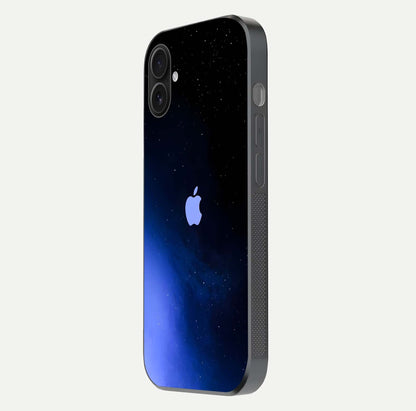 Cosmic Blue Apple Glass Case for iPhone 16 Plus side-angle image showing curve polish and star detail