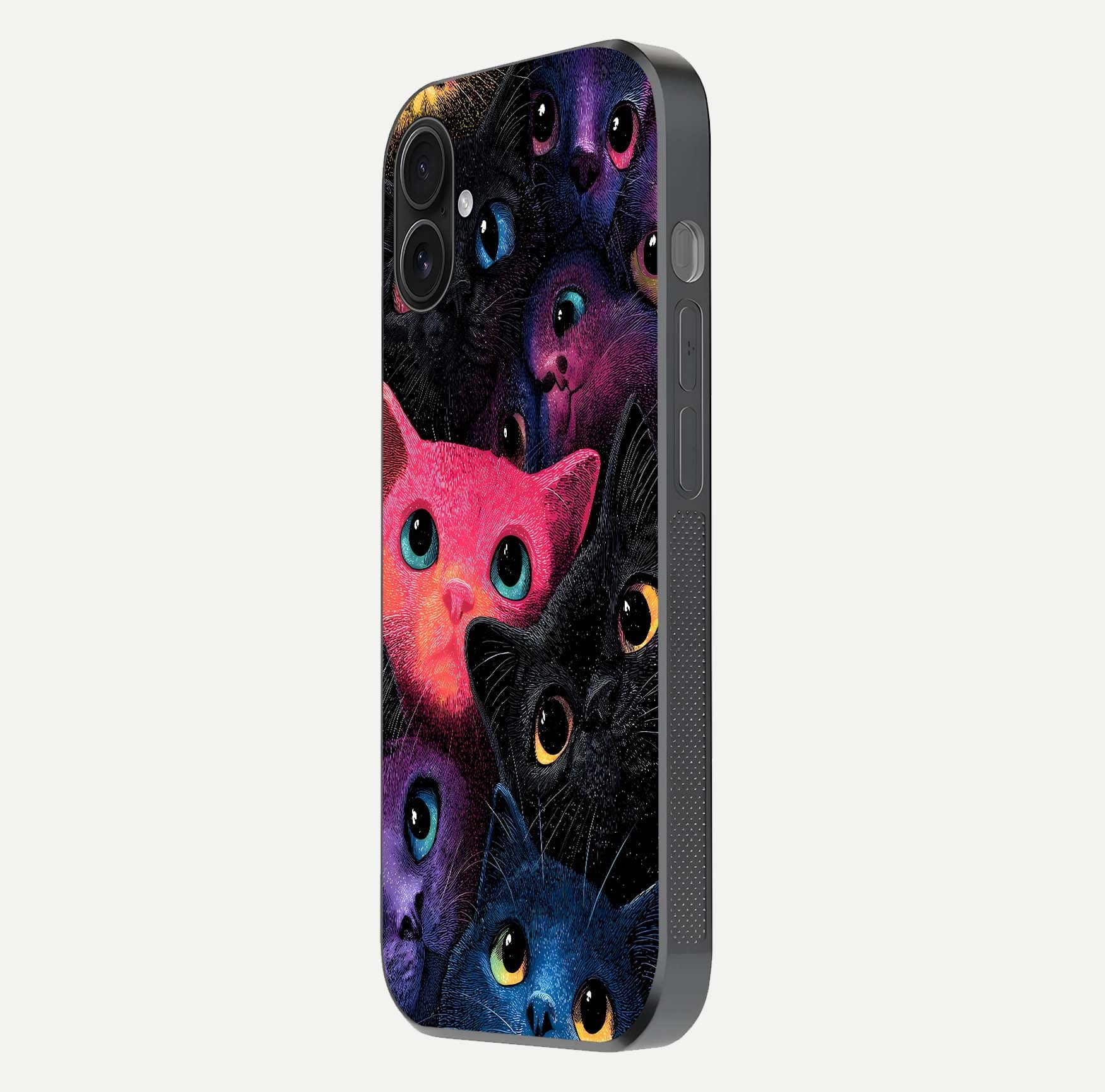 Cosmic Cats Dreams Glass Case for iPhone 16 Plus side-angle photo showing edge gloss and color depth