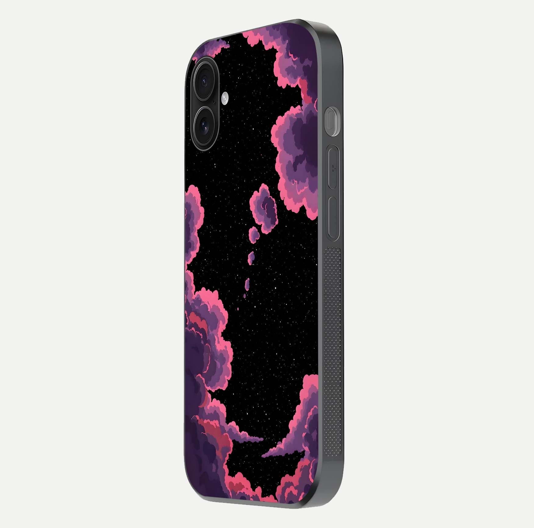 Cosmic Cloud Journey Glass Case for iPhone 16 Plus side-angle photo showing glass reflection and smooth tone