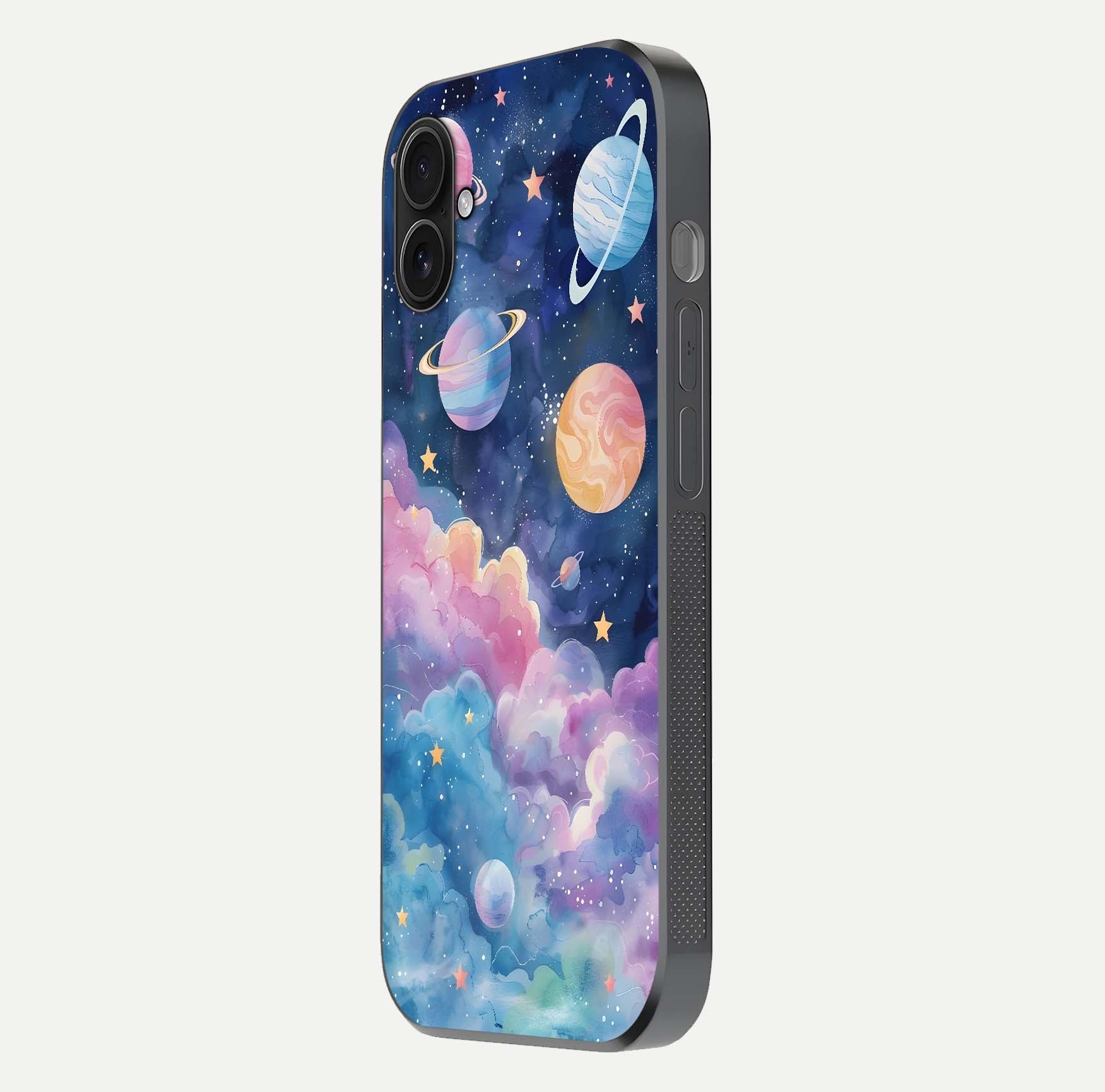 Cosmic Planet Dreams Glass Case for iPhone 16 Plus side-angle image showing texture clarity and shine