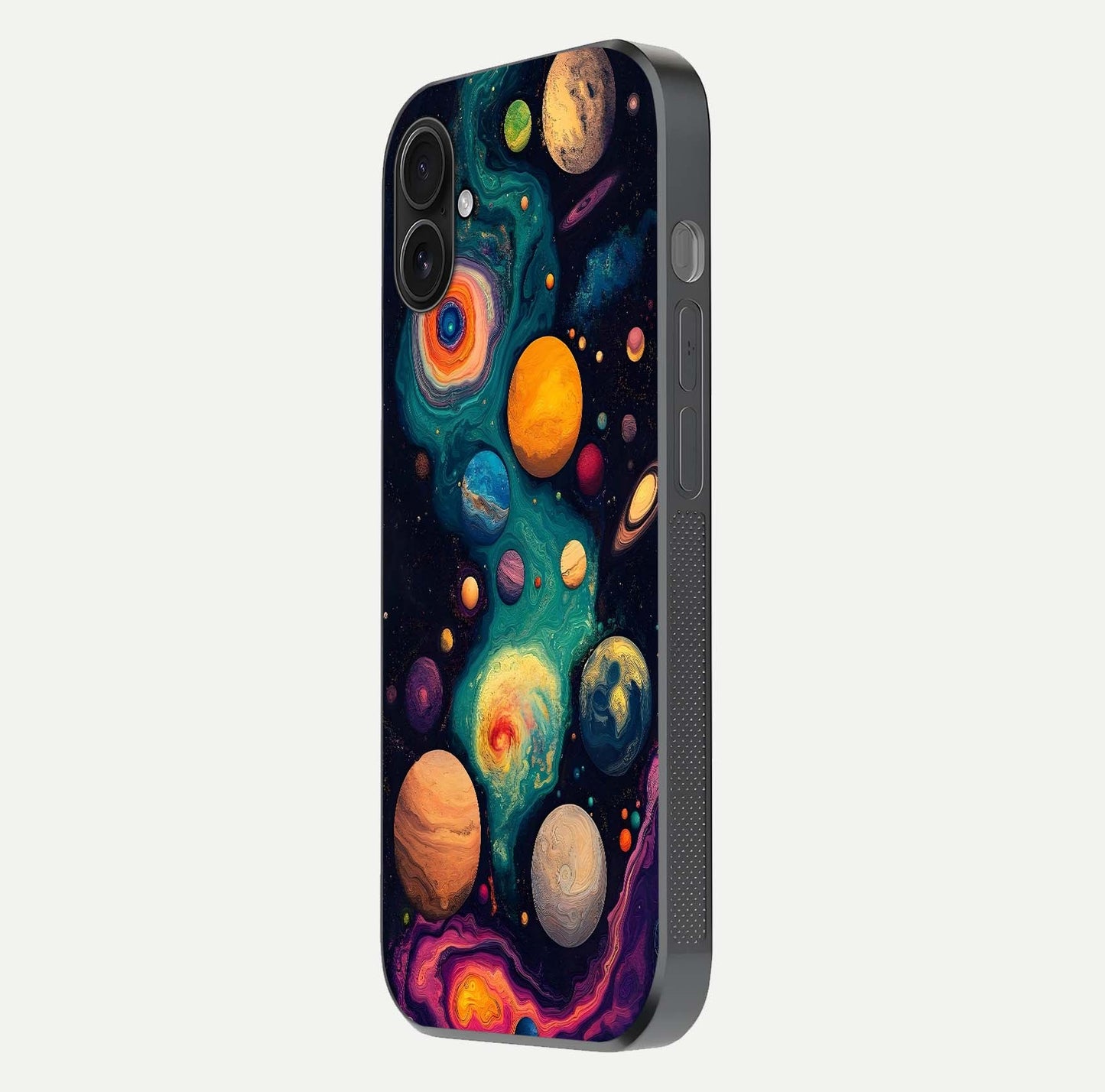 Cosmic Planet Journey Glass Case for iPhone 16 Plus side-angle image capturing smooth gloss and reflective edges
