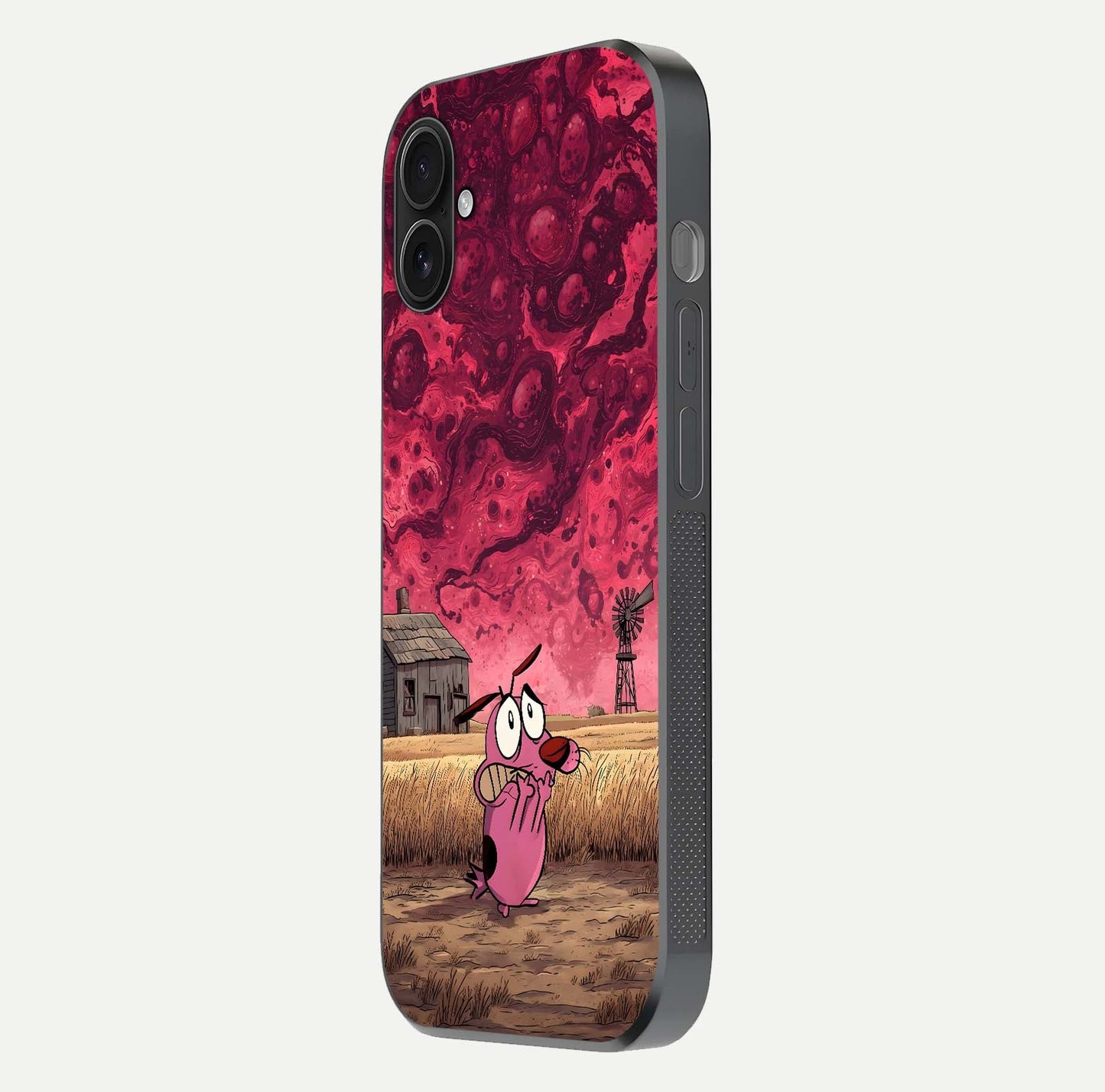Courage Under Sky Glass Case for iPhone 16 Plus side-angle photo showing gloss tone and curve highlight