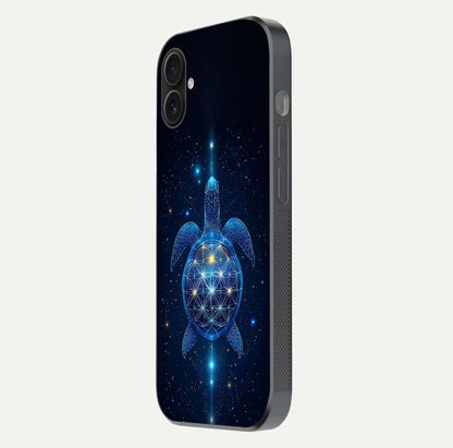 Crimson Blue Turtle Glass Case for iPhone 16 Plus side-angle photo showing curved edge and glass gloss