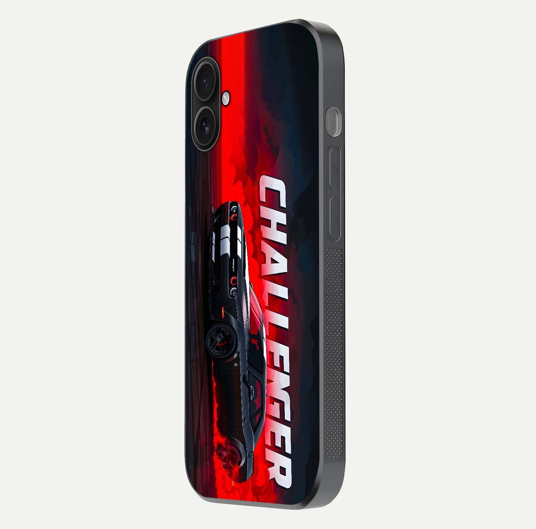 Crimson Challenger Fury Glass Case for iPhone 16 Plus side-angle image showing curve reflection and red finish