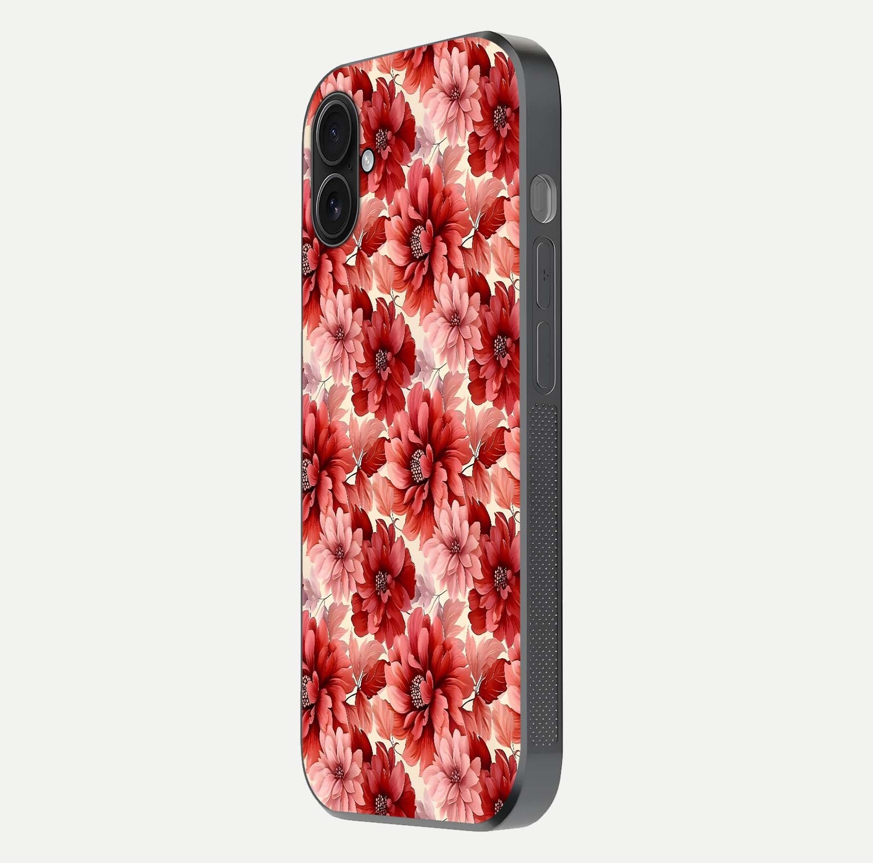 Crimson Love Petals Glass Case for iPhone 16 Plus side-angle photo showing reflection glow and edge clarity