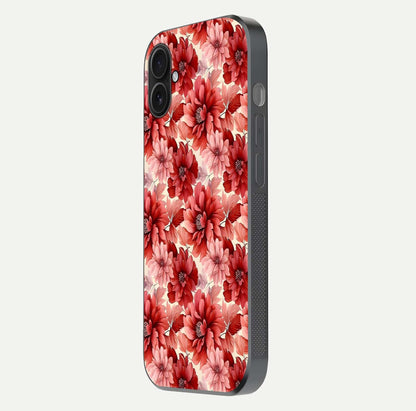 Crimson Love Petals Glass Case for iPhone 16 Plus side-angle photo showing reflection glow and edge clarity