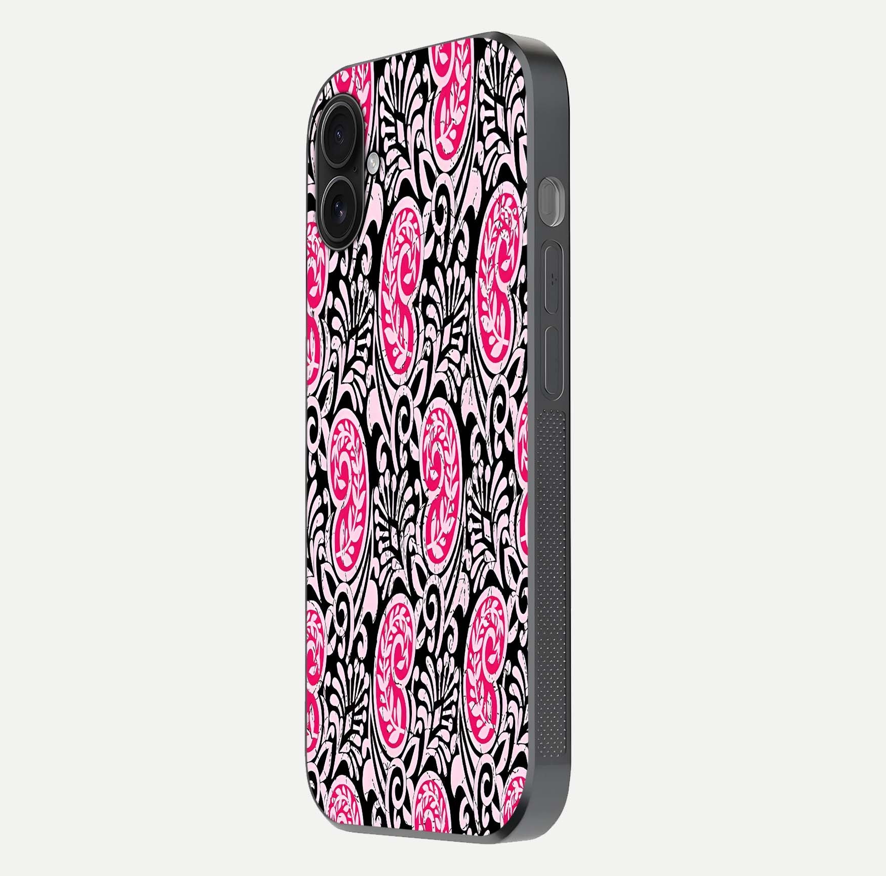 Crimson Paisley Charm Glass Case for iPhone 16 Plus side-angle image showing reflection and smooth edges
