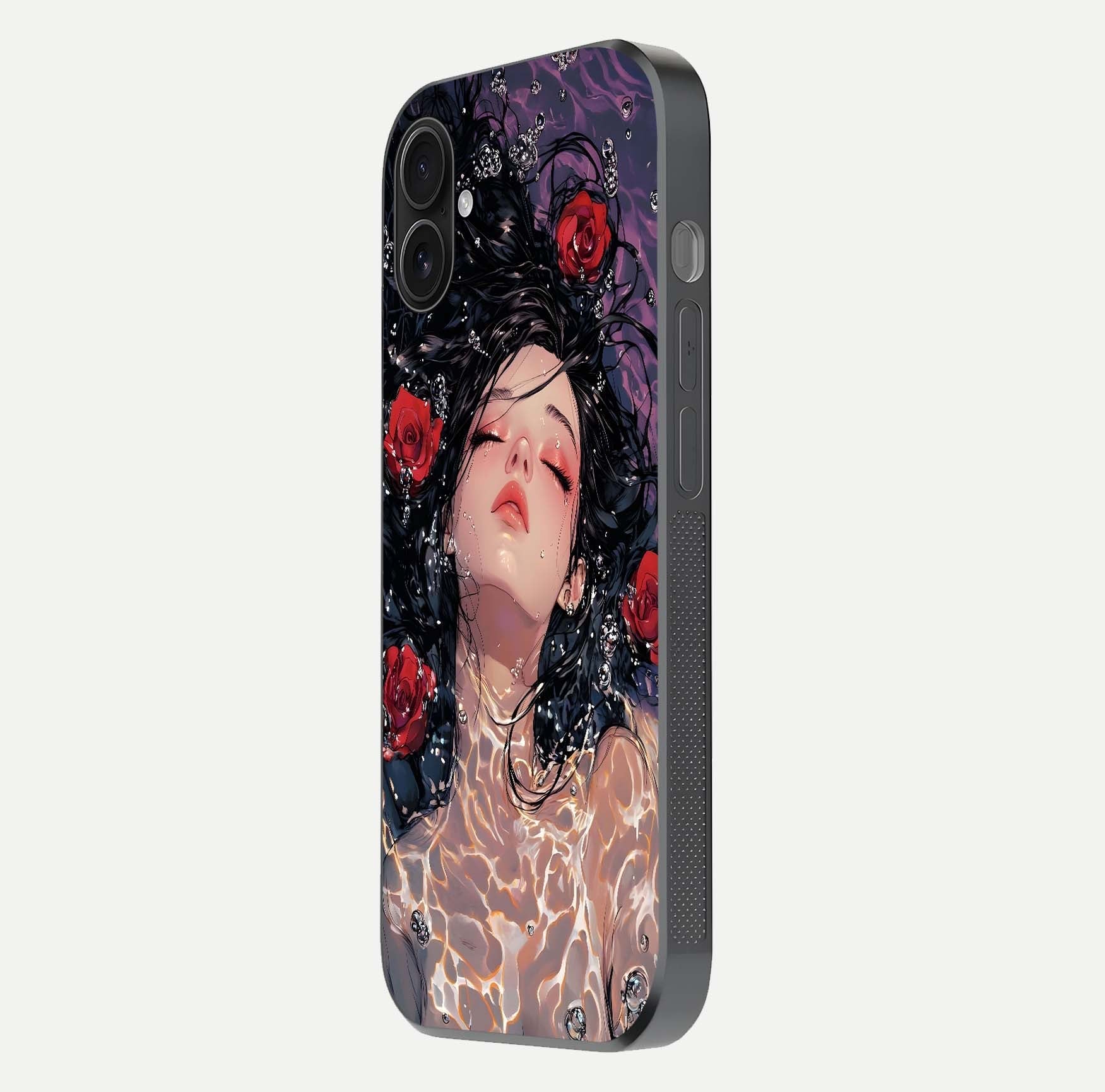 Crimson Rose Serenity Glass Case for iPhone 16 Plus side-angle photo showing glass reflection and soft edges