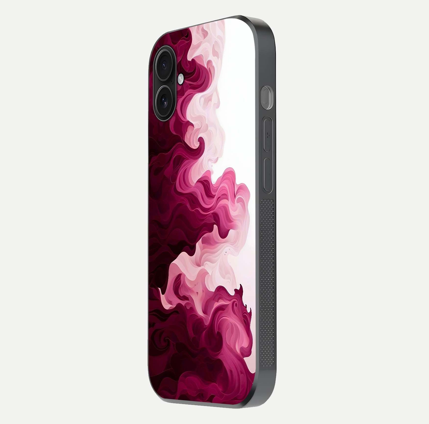 Crimson Wave Flow Glass Case for iPhone 16 Plus side-angle photo showing reflection glow and HD finish