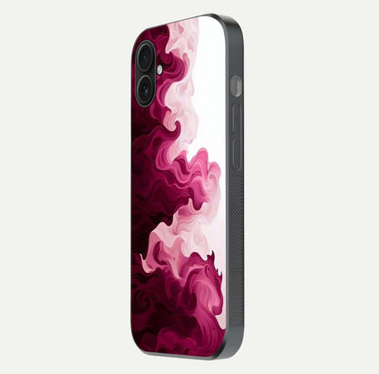 Crimson Wave Flow Glass Case for iPhone 16 Plus side-angle photo showing reflection glow and HD finish
