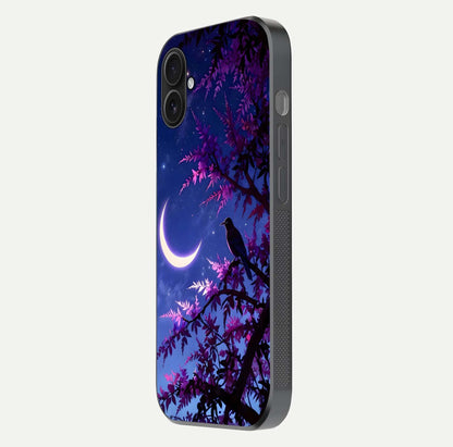 Crow & Moon Scenery Glass Case for iPhone 16 Plus side-angle photo capturing glossy shine and artistic contrast