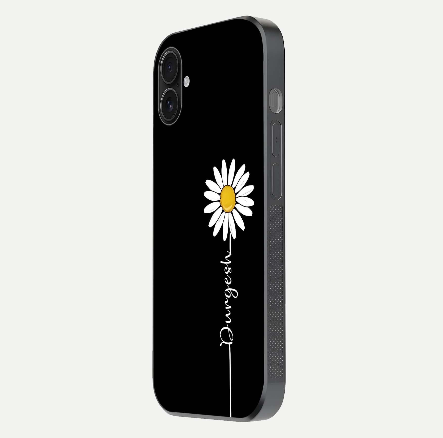 Custom Name White Flower Glass Case for iPhone 16 Plus side-angle photo showing reflection shine and name clarity