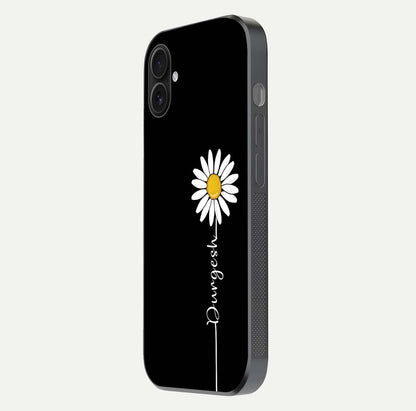 Custom Name White Flower Glass Case for iPhone 16 Plus side-angle photo showing reflection shine and name clarity