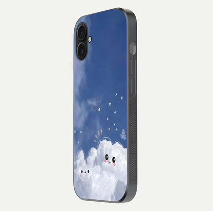 Cute Blossom Cloud Glass Case for iPhone 16 Plus side-angle image capturing gloss texture and curve reflection