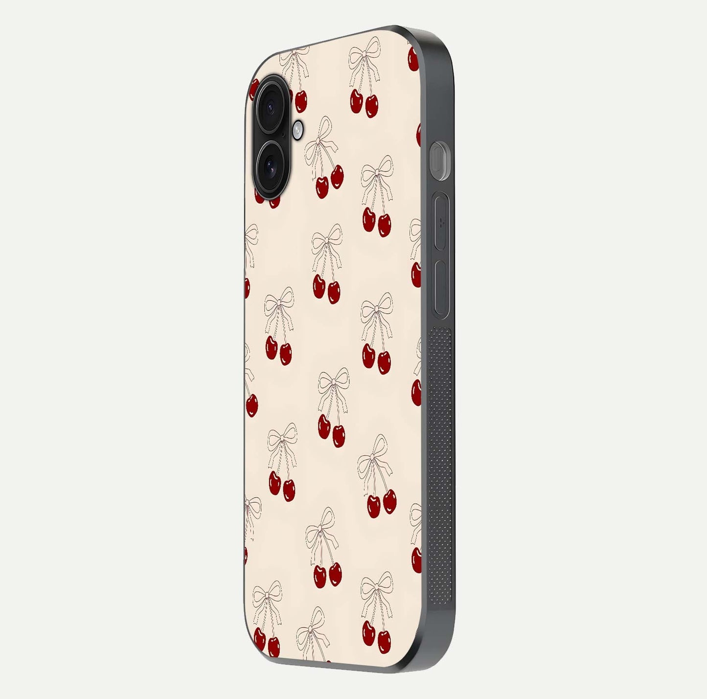Cute Cherry Pattern Glass Case for iPhone 16 Plus side-angle photo highlighting gloss curve and pattern clarity